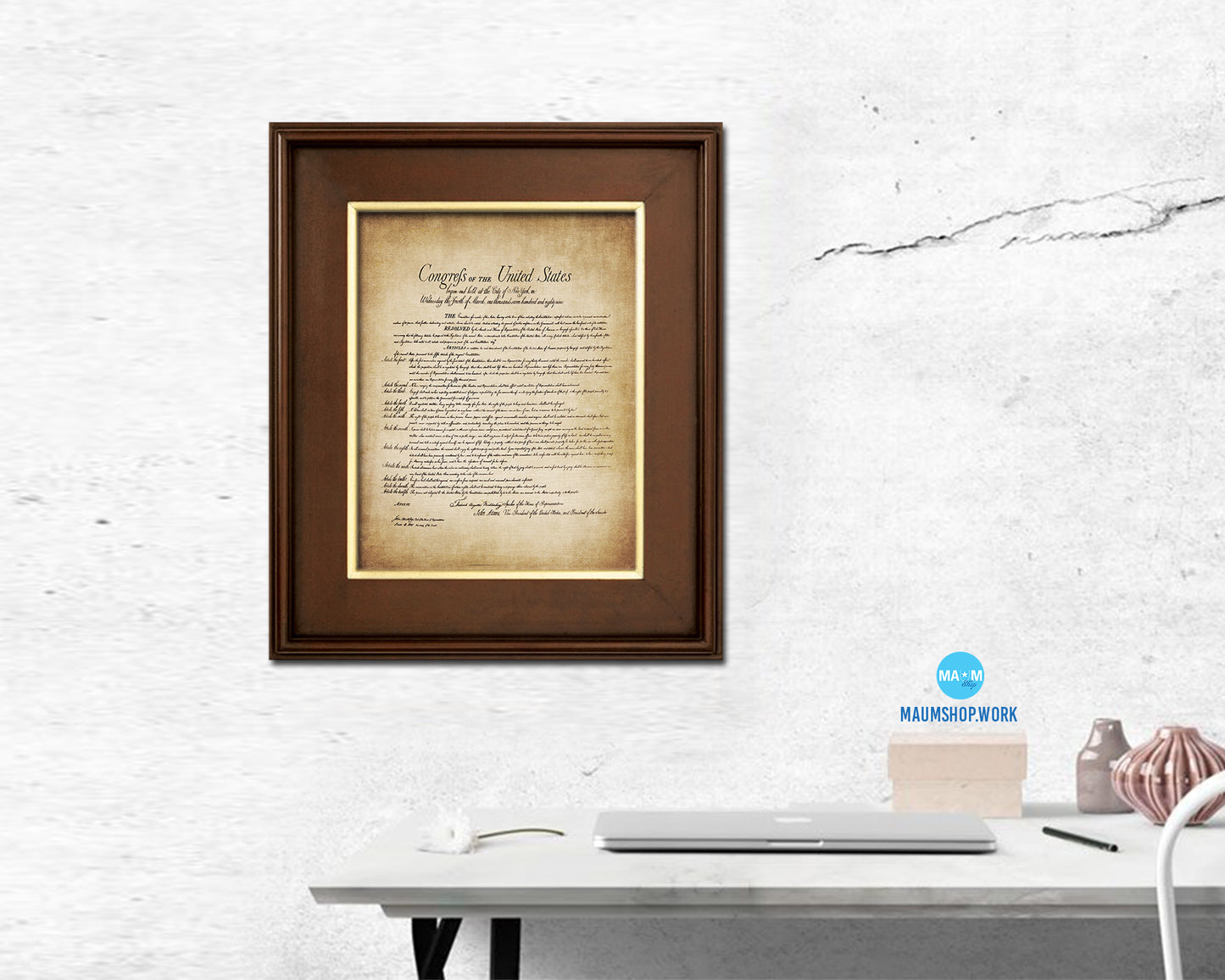 Declaration of Independence US Historical Print Art Wood Framed Wall Decor Gifts, 12" x 16"