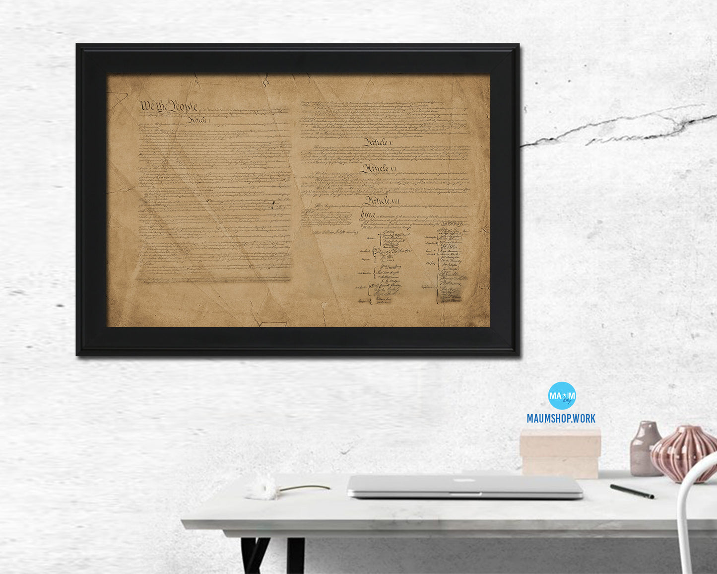 Constitution We the people US Historical Print Art Wood Framed Wall Decor Gifts, 12" x 16"