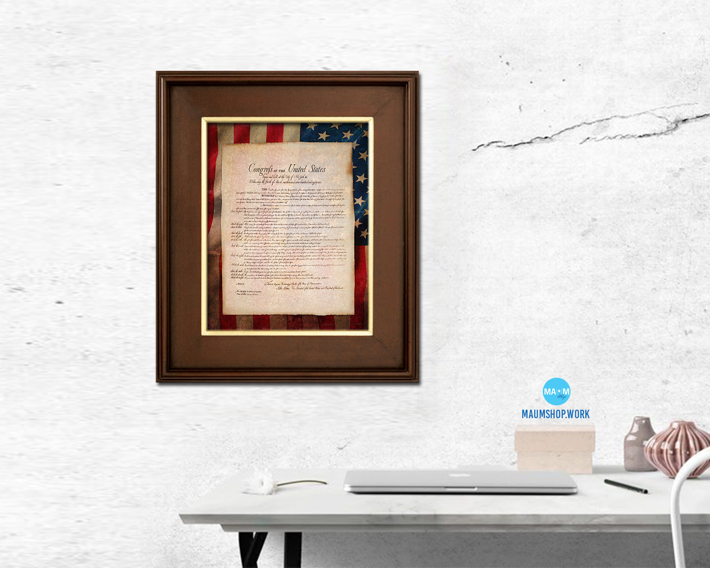 Declaration of Independence US Historical Print Art Wood Framed Wall Decor Gifts, 12" x 16"