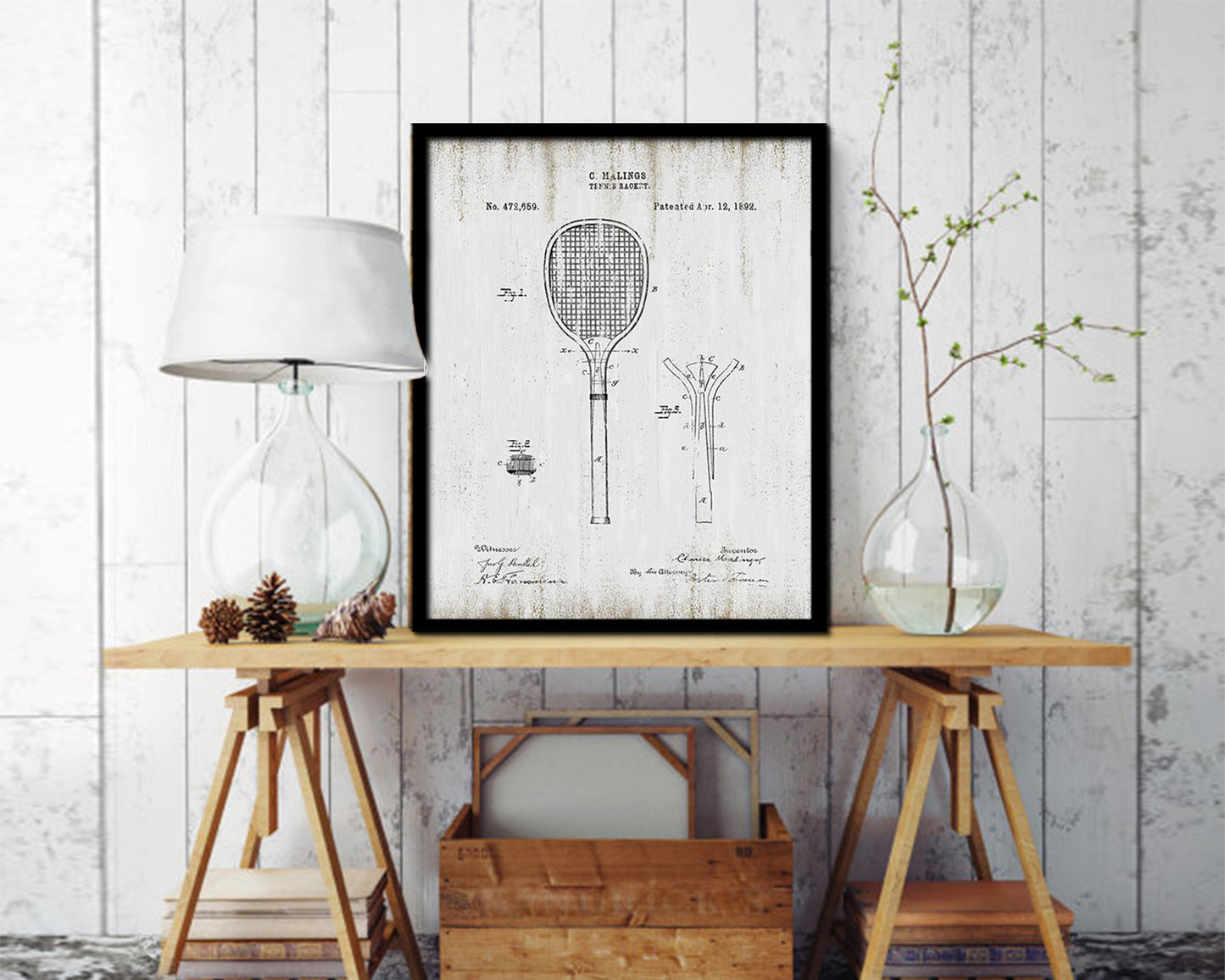 Tennis Racket Sports Vintage Patent Artwork Black Frame Print Gifts