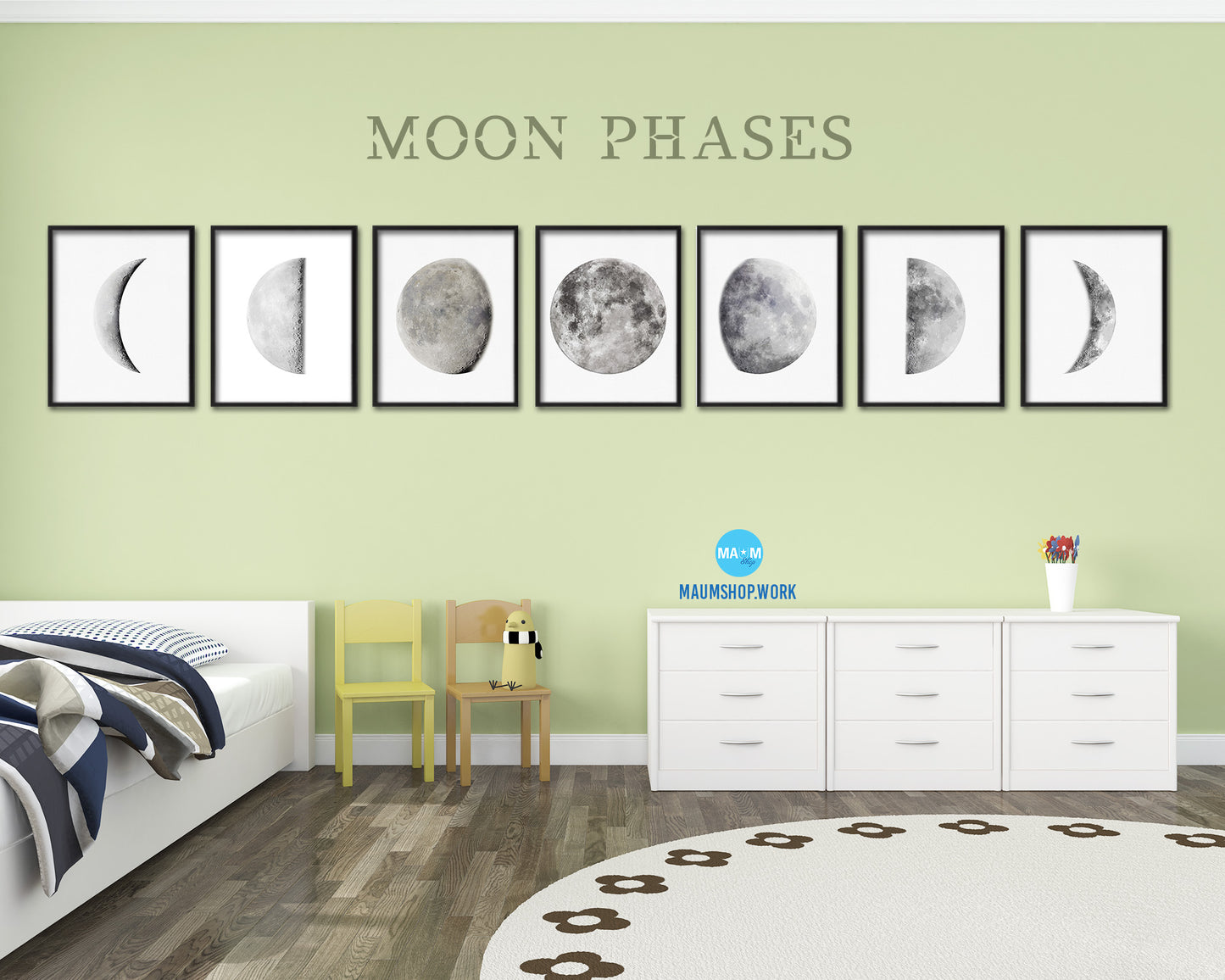 Waning Third Quarter Lunar Phases Moon Watercolor Nursery Framed Prints Home Decor Wall Art Gifts