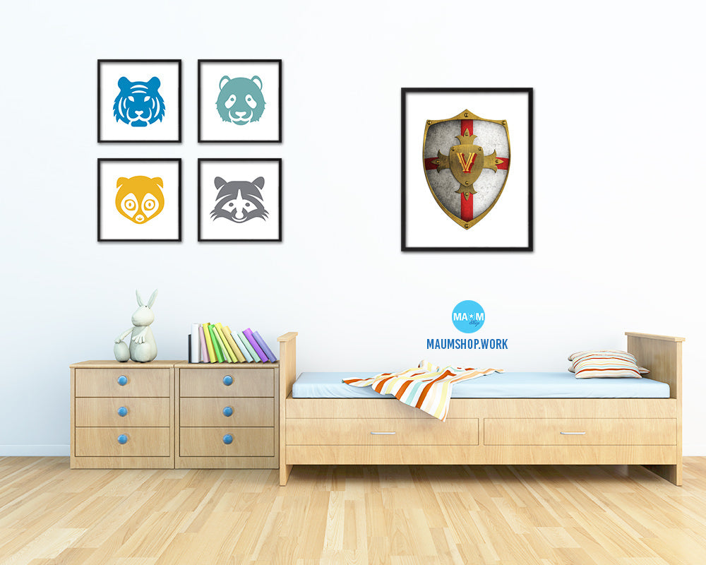 Letter V Medieval Castle Knight Shield Monogram Framed Print Wall Art Decor Gifts