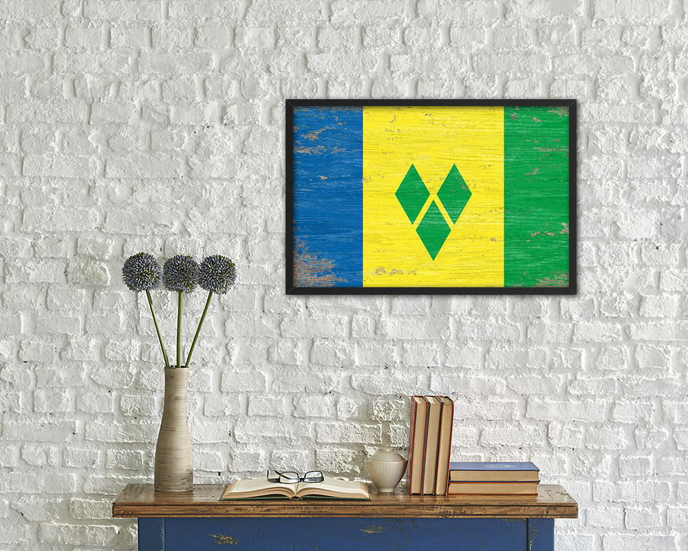 Saint Vincent & the Grenadines Shabby Chic Country Flag Wood Framed Print Wall Art Decor Gifts