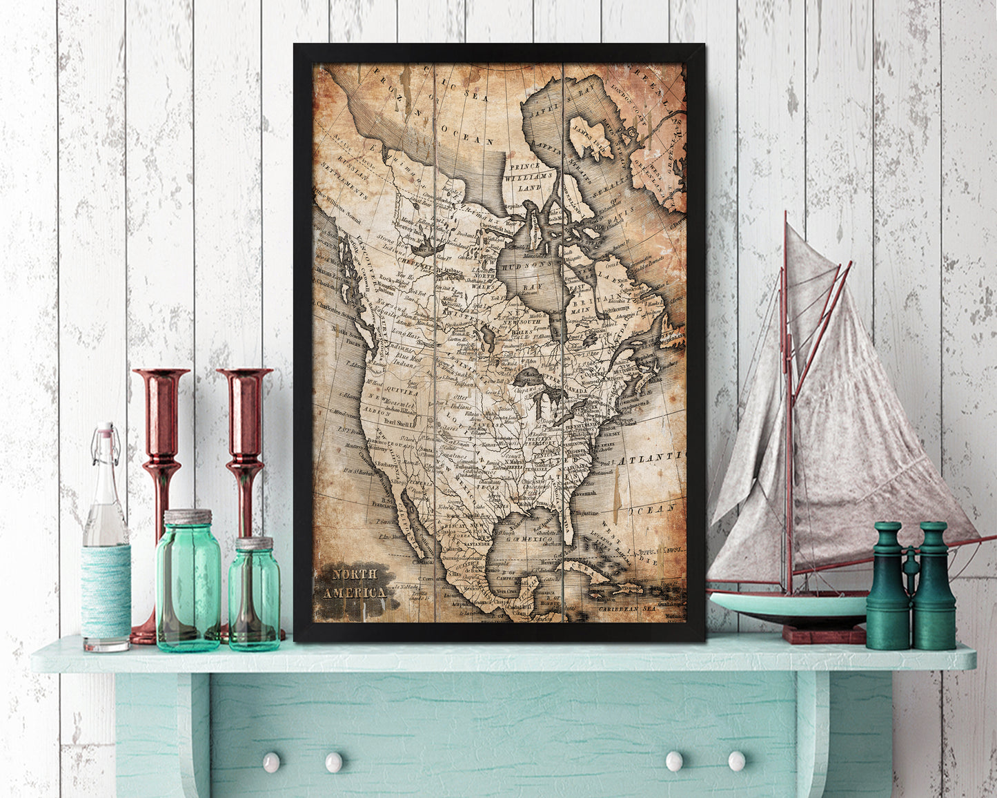 North America Antique Map Wood Framed Print Art Wall Decor Gifts