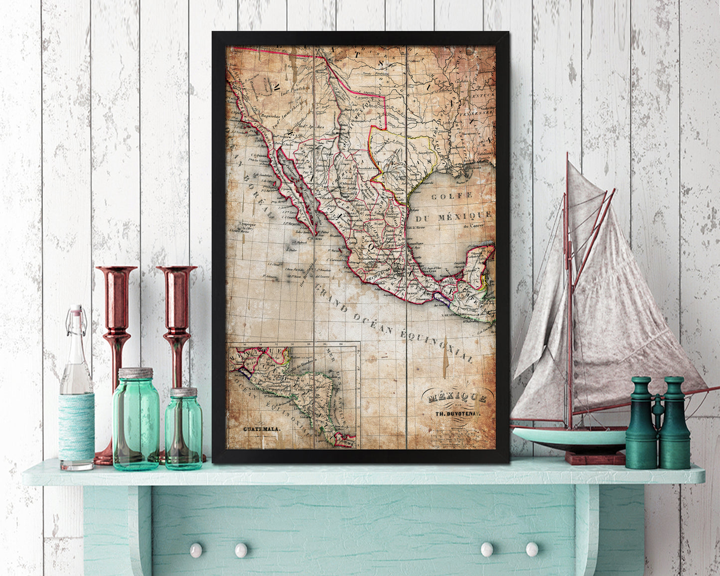 Mexico and Texas Republic Antique Map Wood Framed Print Art Wall Decor Gifts