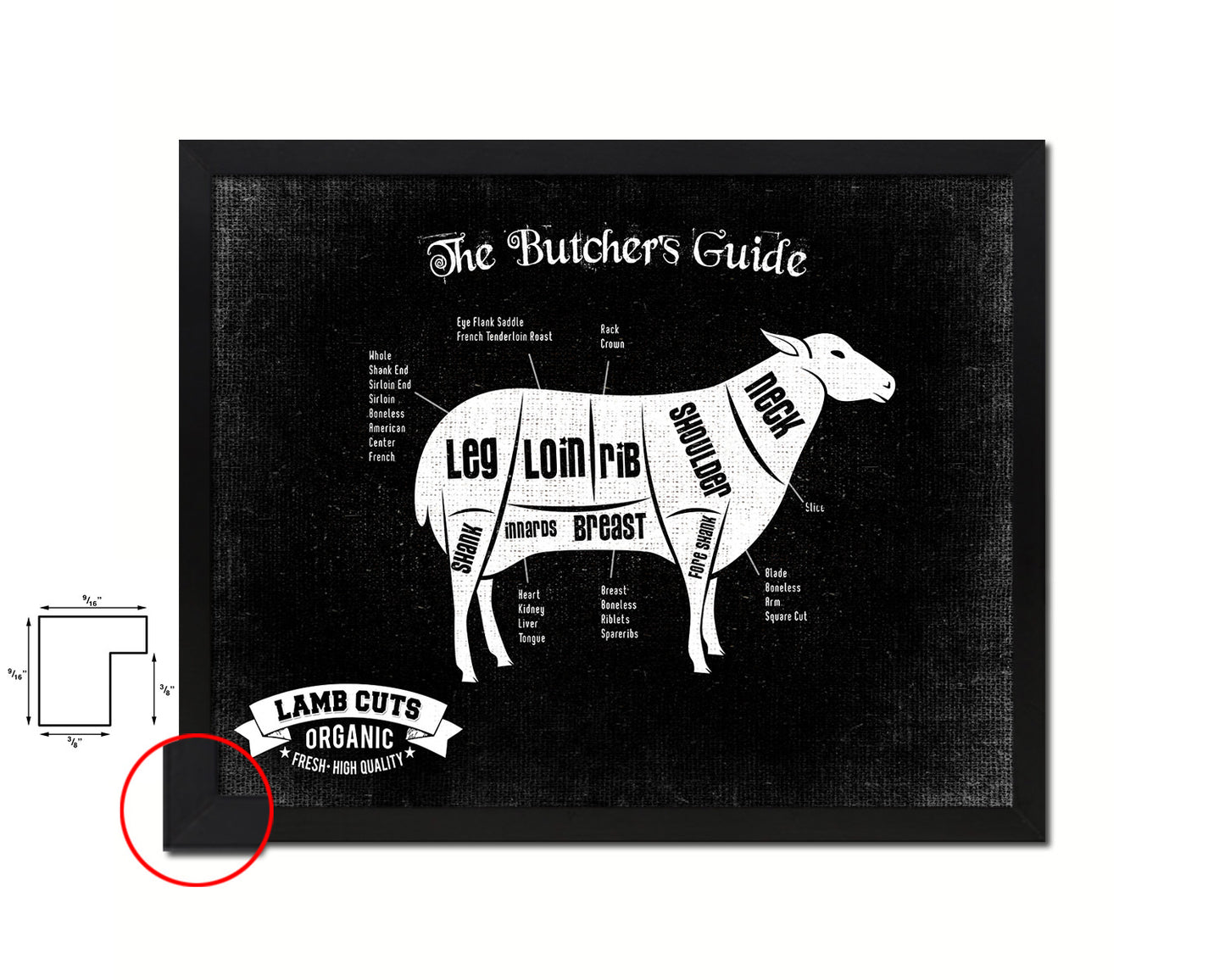 Lamb  Meat Cuts Butchers Chart Wood Framed Paper Print Home Decor Wall Art Gifts