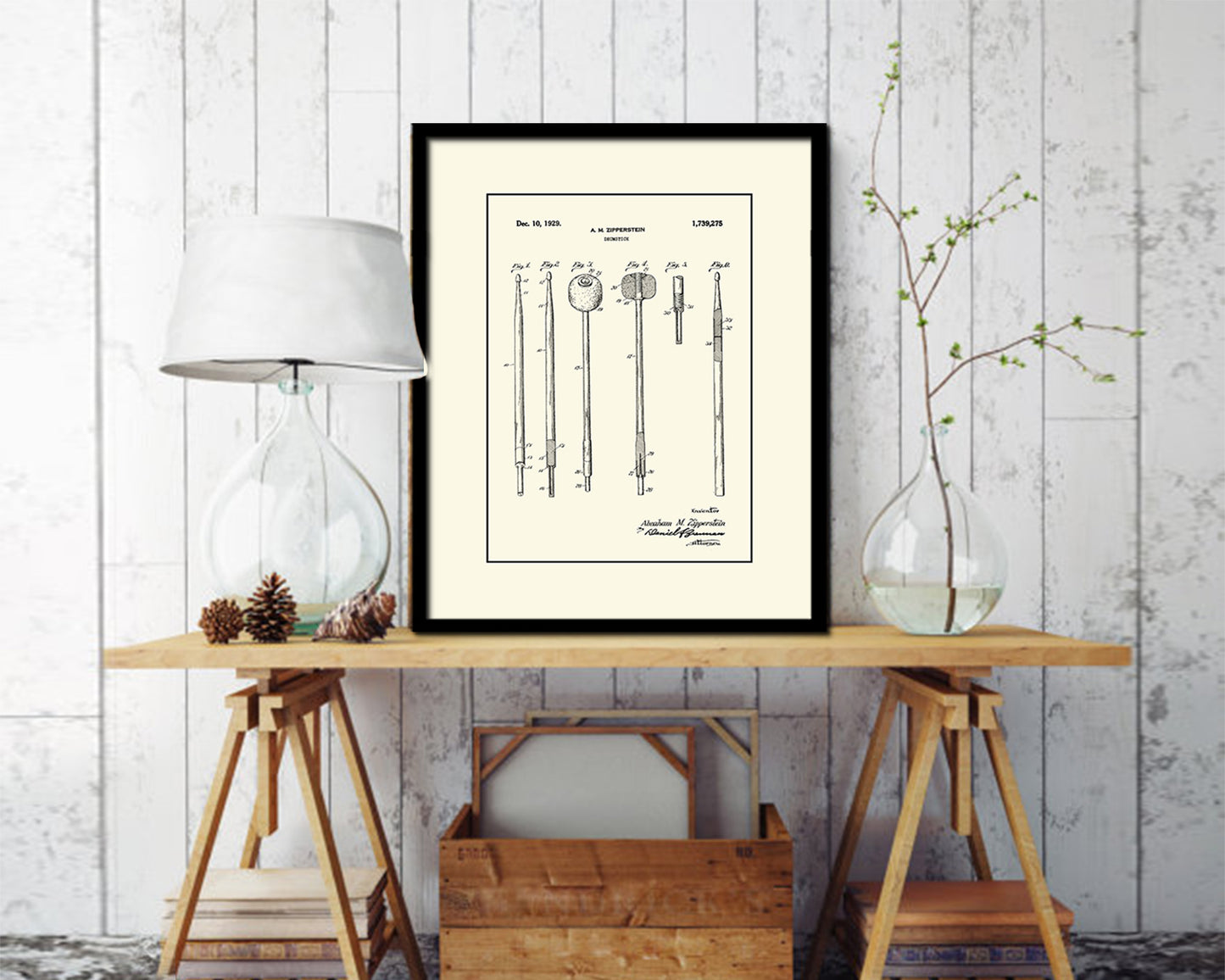 Drumstick Music Vintage Patent Artwork Black Frame Print Wall Art Decor Gifts