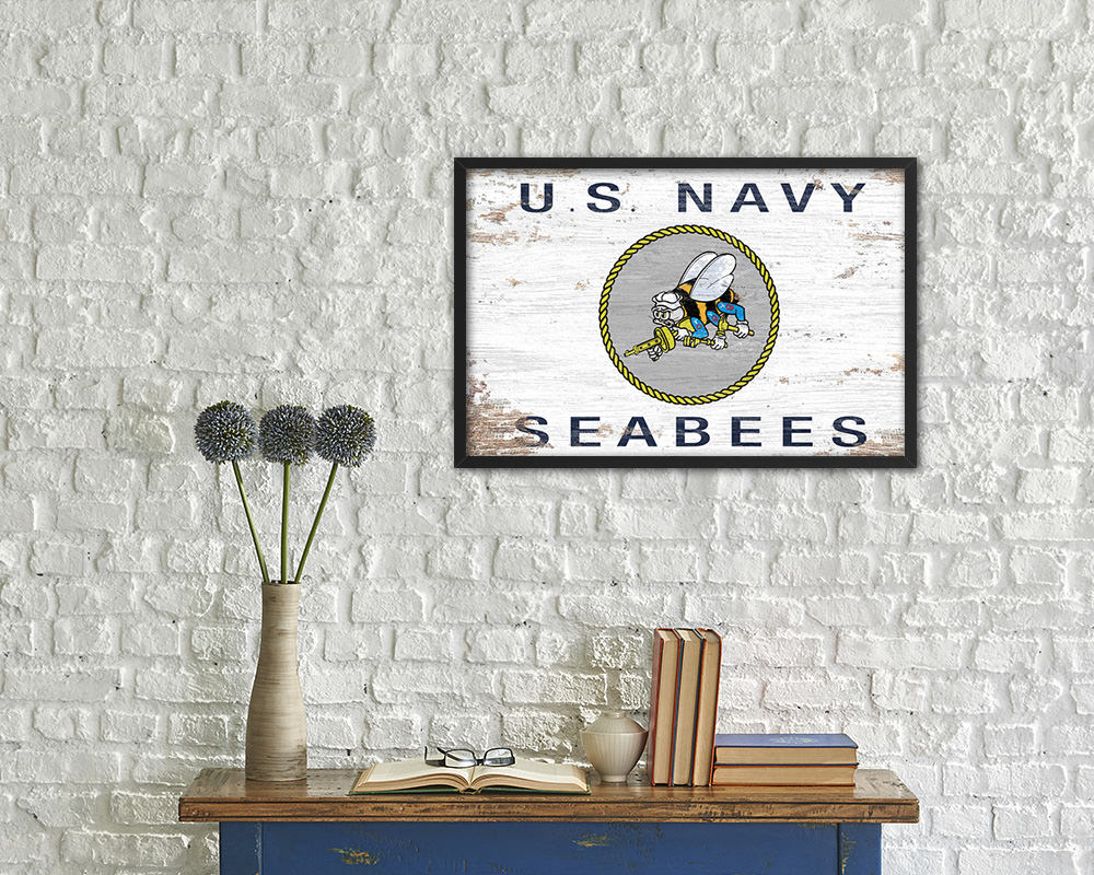 US Navy Seabees Shabby Chic Military Flag Framed Print Decor Wall Art Gifts