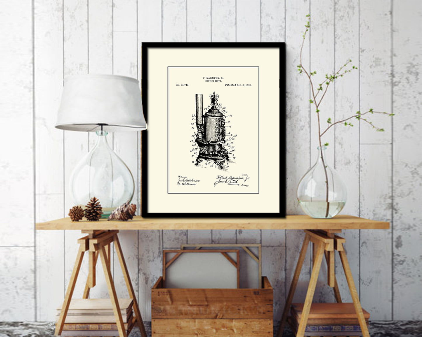 Heating Stove Design Kitchen Vintage Patent Artwork Black Frame Print Gifts