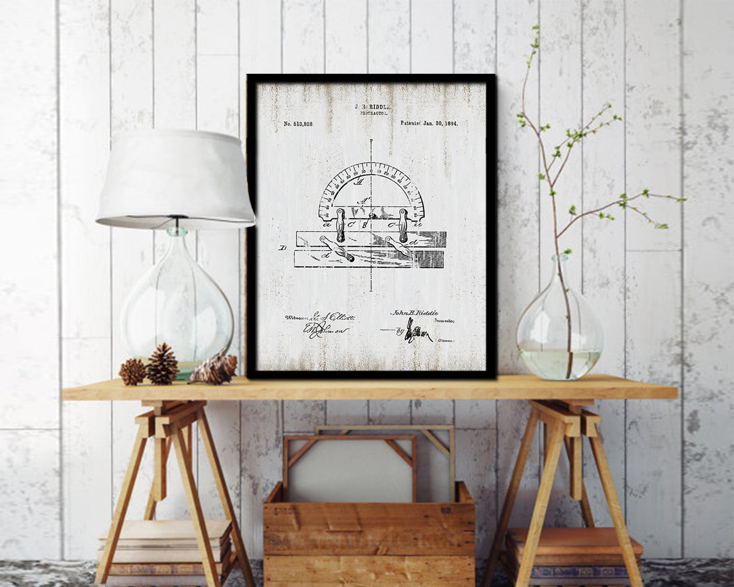 Protractor Office Vintage Patent Artwork Black Frame Print Gifts