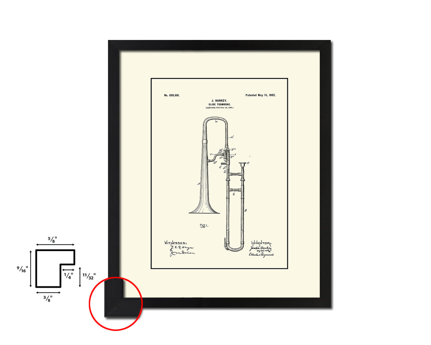 Slide Trombone Music Vintage Patent Artwork Black Frame Print Gifts