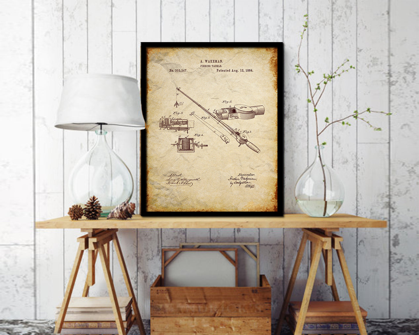 Tackle Fishing Vintage Patent Artwork Walnut Frame Print Wall Art Decor Gifts