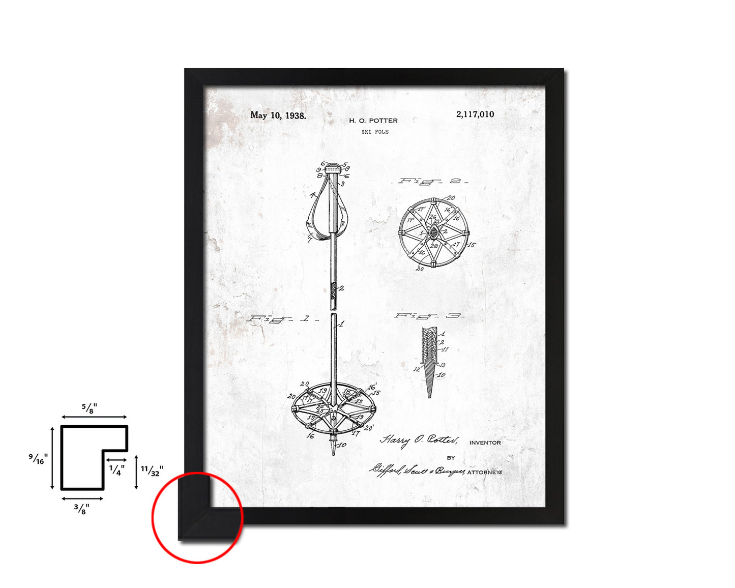 Ski Pole Sports Vintage Patent Artwork Black Frame Print Gifts