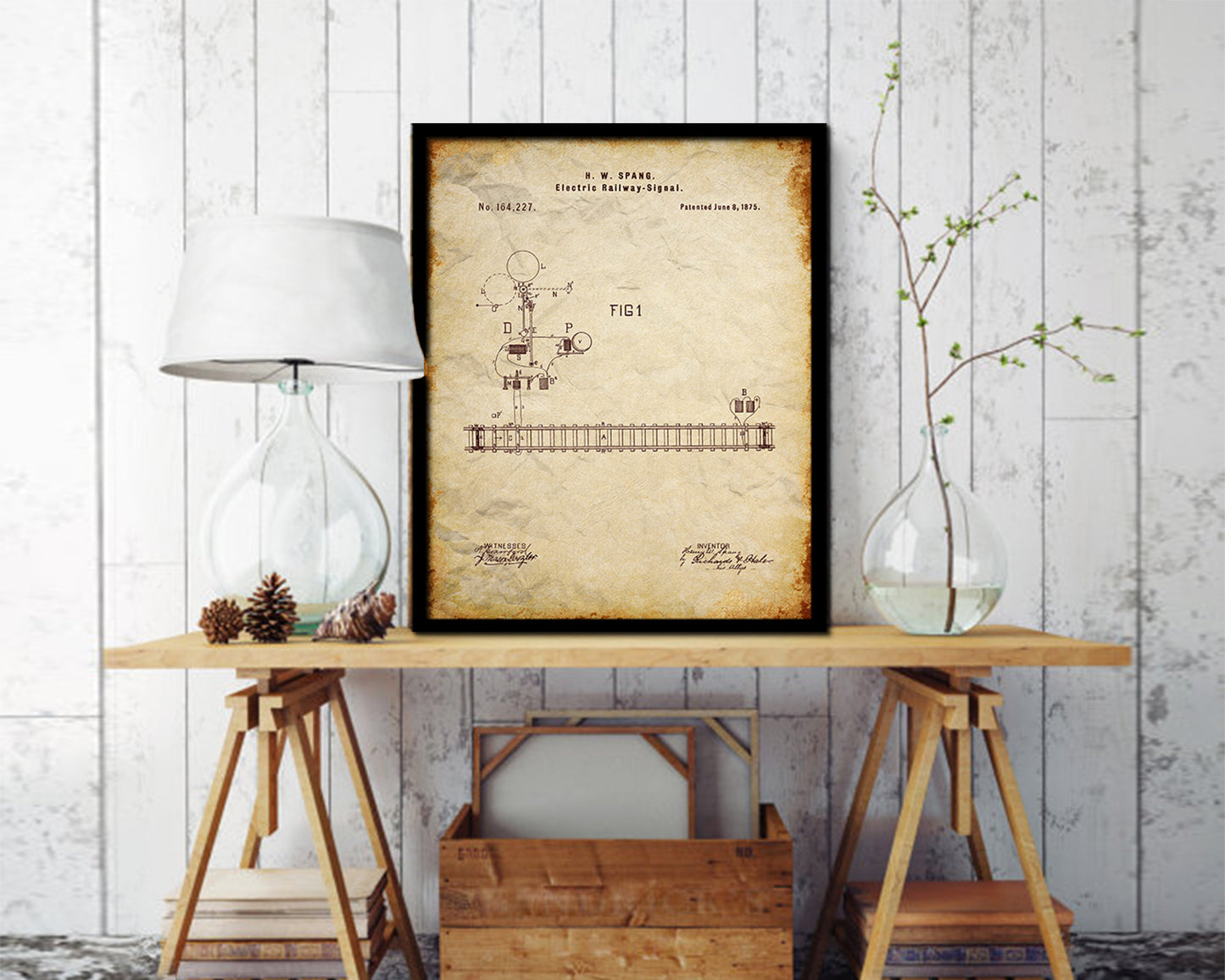 Steam Locomotive Electric Railway Signal Train Vintage Patent Artwork Walnut Frame Gifts