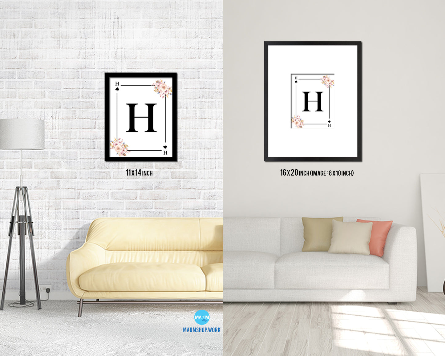 Letter H Personalized Boho Monogram Spade Card Decks Framed Print Wall Art Decor Gifts