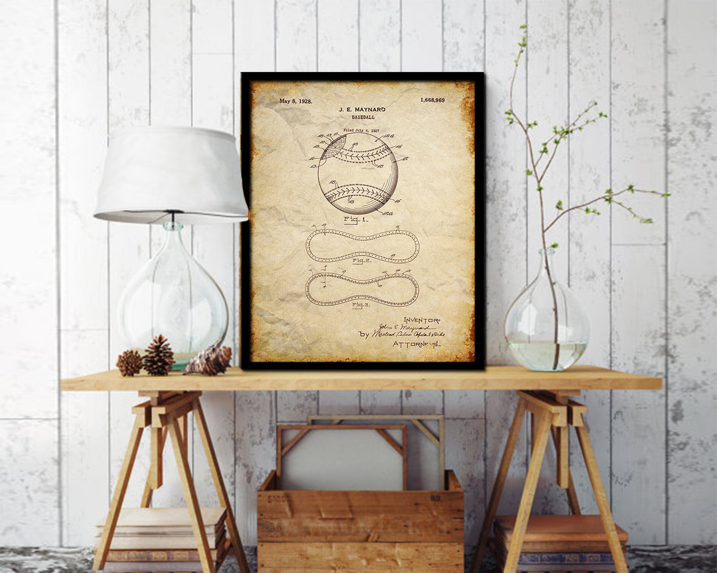 Baseball Sports Vintage Patent Artwork Walnut Frame Print Wall Art Decor Gifts