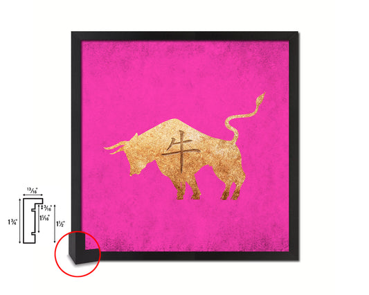 Ox Chinese Zodiac Character Wood Framed Print Wall Art Decor Gifts, Pink