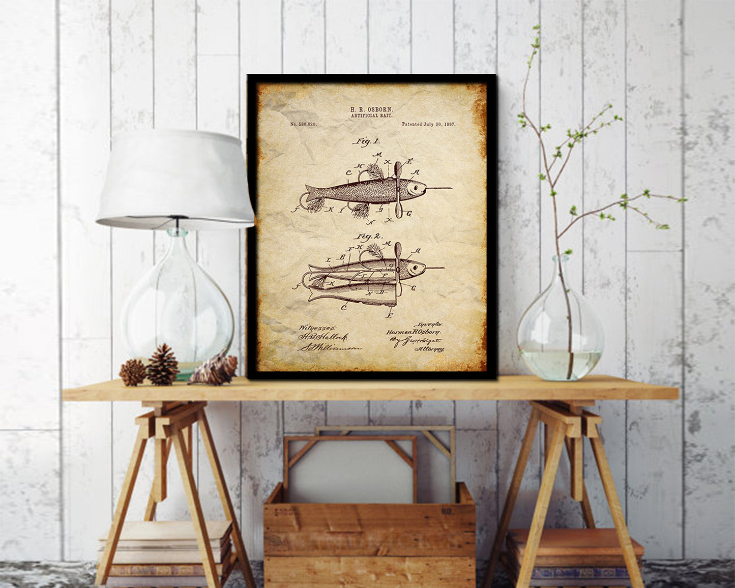 Artificial Bait Fishing Vintage Patent Artwork Walnut Frame Print Wall Art Decor Gifts