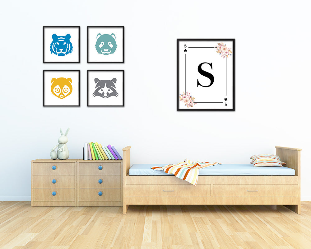 Letter S Personalized Boho Monogram Clover Card Decks Framed Print Wall Art Decor Gifts