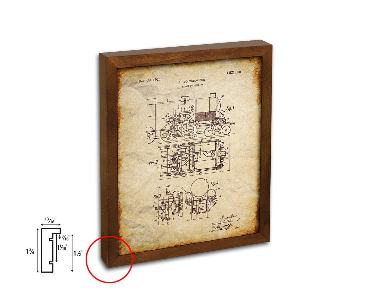 Steam Locomotive Engine Train Vintage Patent Artwork Walnut Frame Gifts