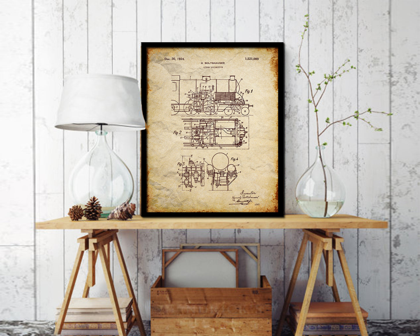 Steam Locomotive Engine Train Vintage Patent Artwork Walnut Frame Gifts