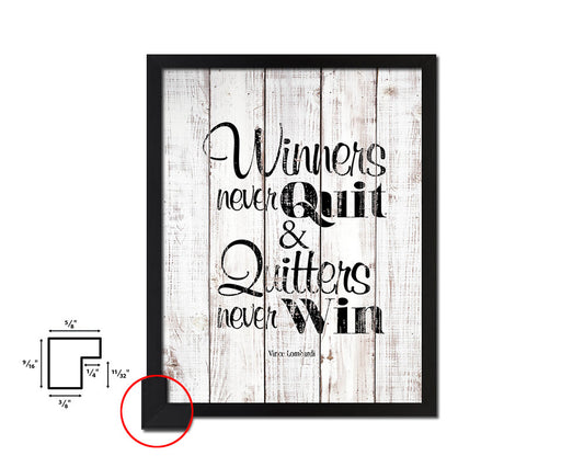 Winners never quit, Vince Lombardi White Wash Quote Framed Print Wall Decor Art