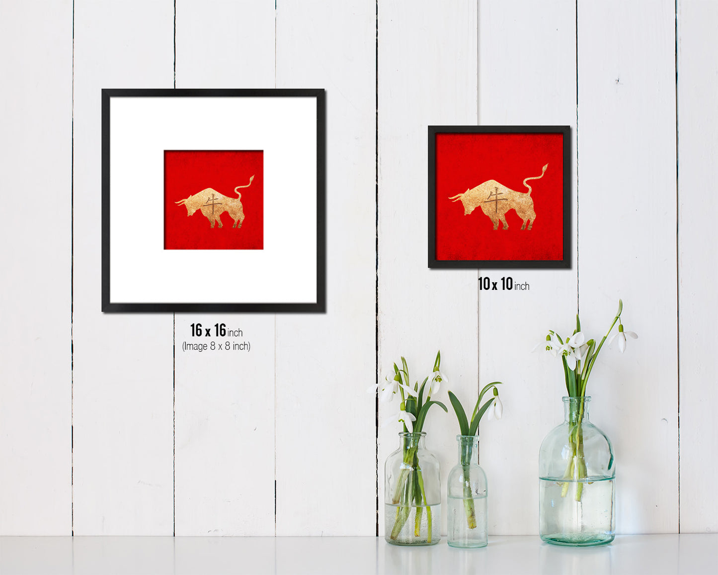 Ox Chinese Zodiac Character Wood Framed Print Wall Art Decor Gifts, Red