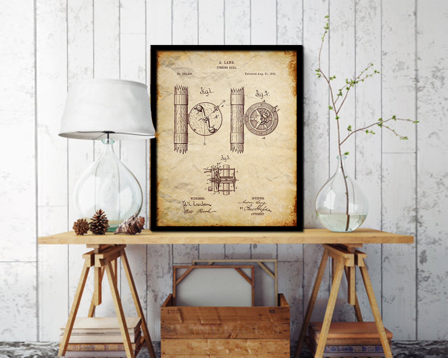 Reel Fishing Vintage Patent Artwork Walnut Frame Print Wall Art Decor Gifts