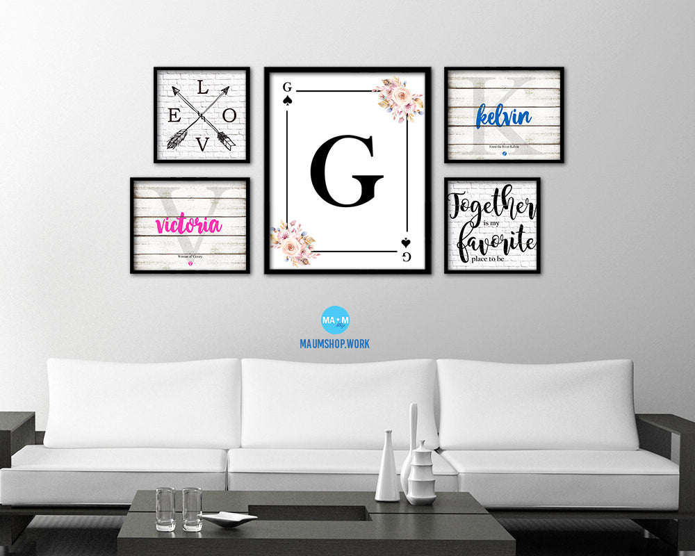 Letter G Personalized Boho Monogram Spade Card Decks Framed Print Wall Art Decor Gifts