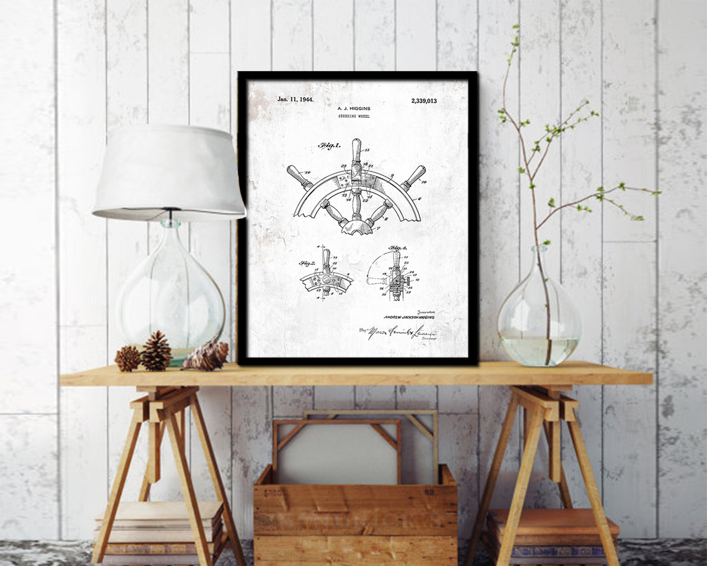 Steering Wheel Nautical Vintage Patent Artwork Black Frame Print Gifts