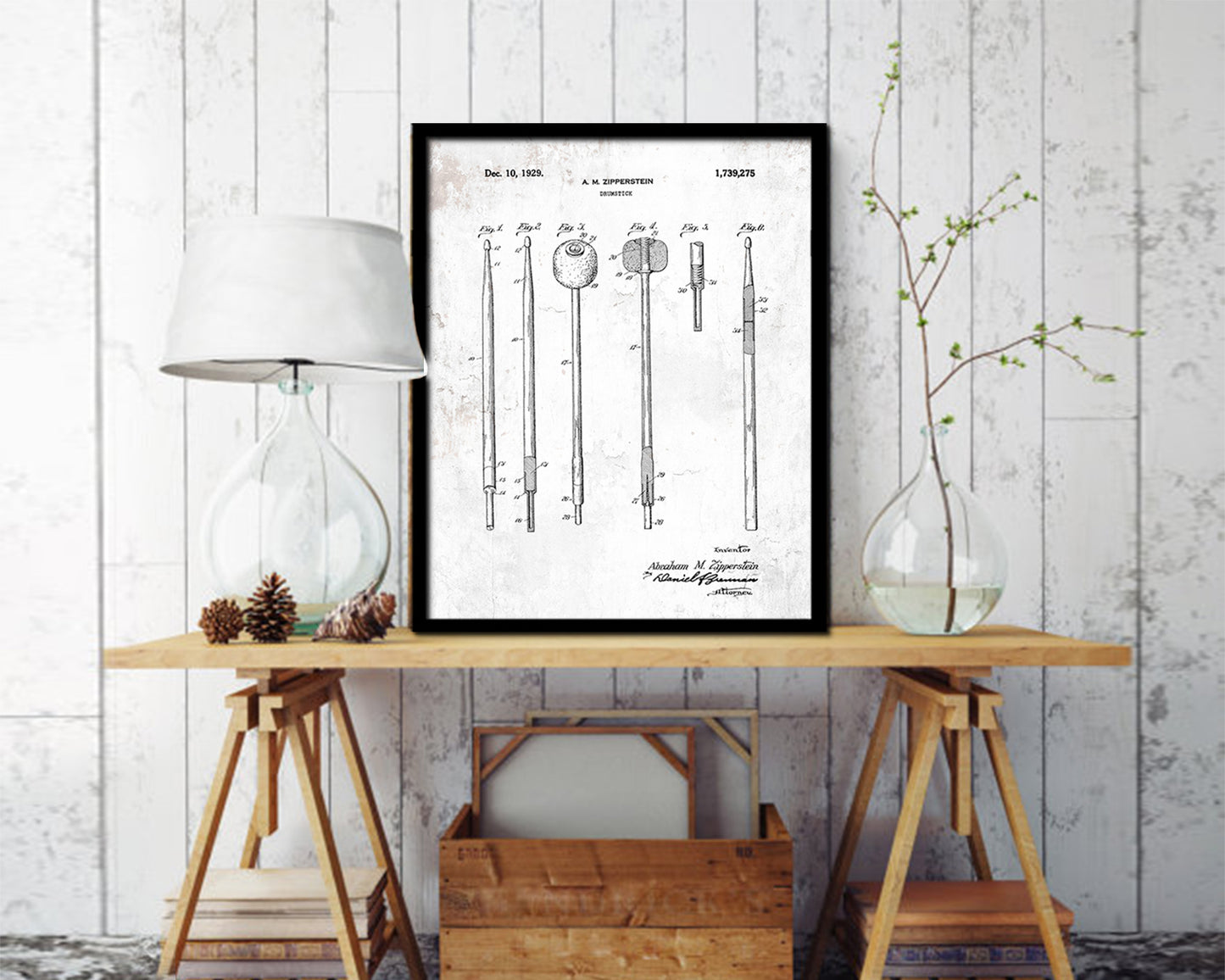 Drumstick Music Vintage Patent Artwork Black Frame Print Wall Art Decor Gifts