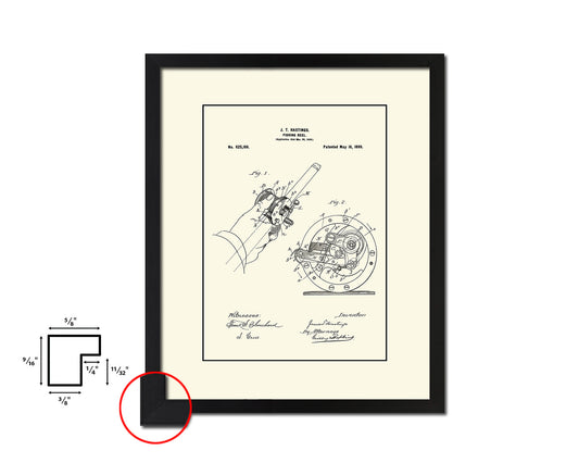 Reel Fishing Vintage Patent Artwork Black Frame Print Wall Art Decor Gifts