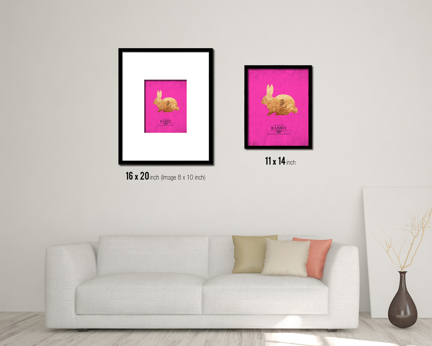 Rabbit Chinese Zodiac Character Black Framed Art Paper Print Wall Art Decor Gifts, Pink