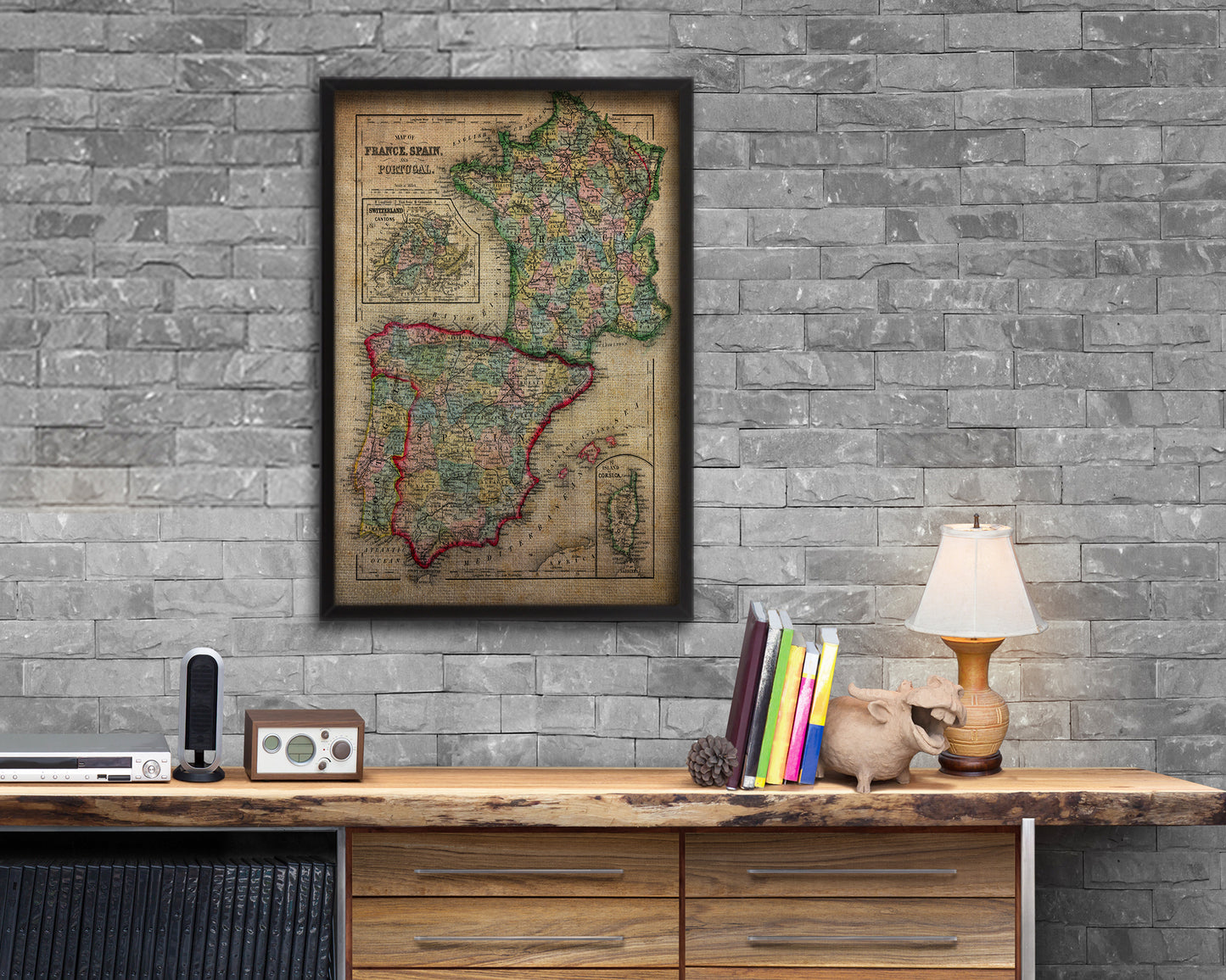 Spain Portugal and France Vintage Map Wood Framed Print Art Wall Decor Gifts