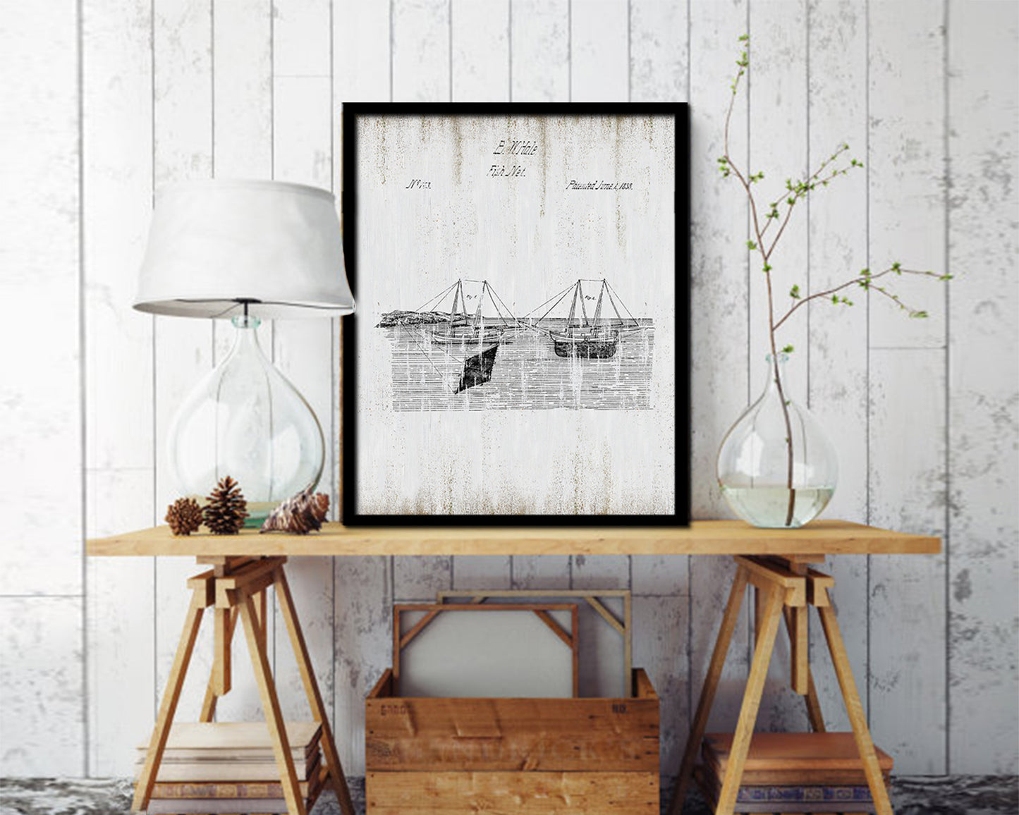 Fish Net Nautical Vintage Patent Artwork Black Frame Print Gifts