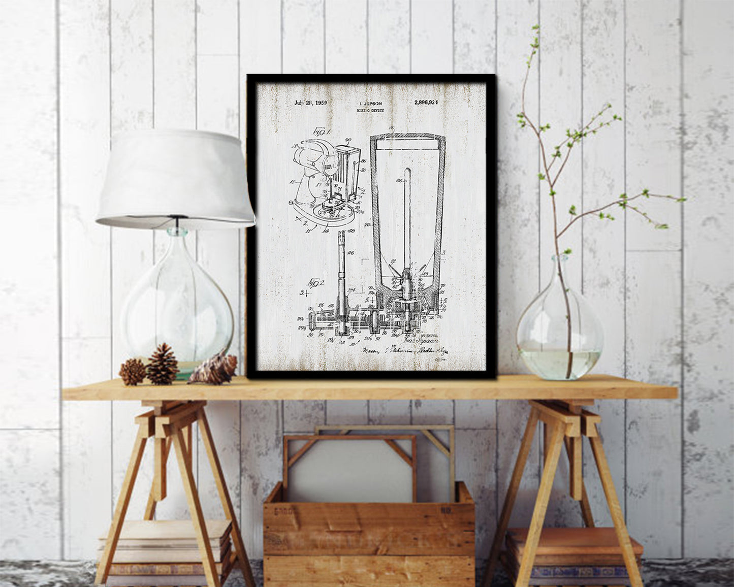 Mixing device Kitchen Vintage Patent Artwork Black Frame Print Wall Art Decor Gifts