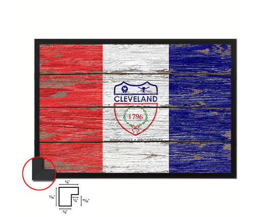 Cleveland City Ohio State Rustic Flag Wood Framed Paper Prints Decor Wall Art Gifts