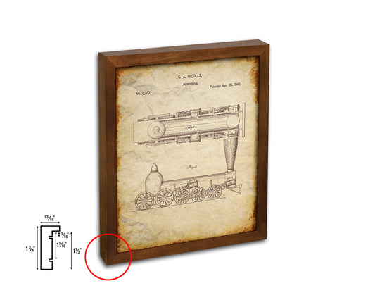 Locomtve Train Vintage Patent Artwork Walnut Frame Gifts