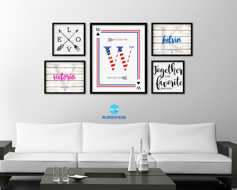 Letter W Custom Monogram Card Decks Clover American Flag Framed Print Wall Art Decor Gifts