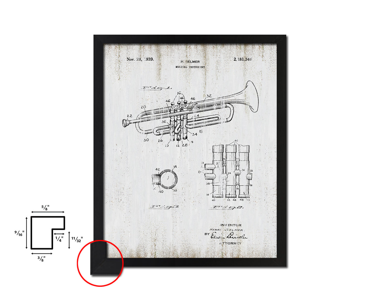 Trumpet Musical Instrument Music Vintage Patent Artwork Black Frame Print Gifts