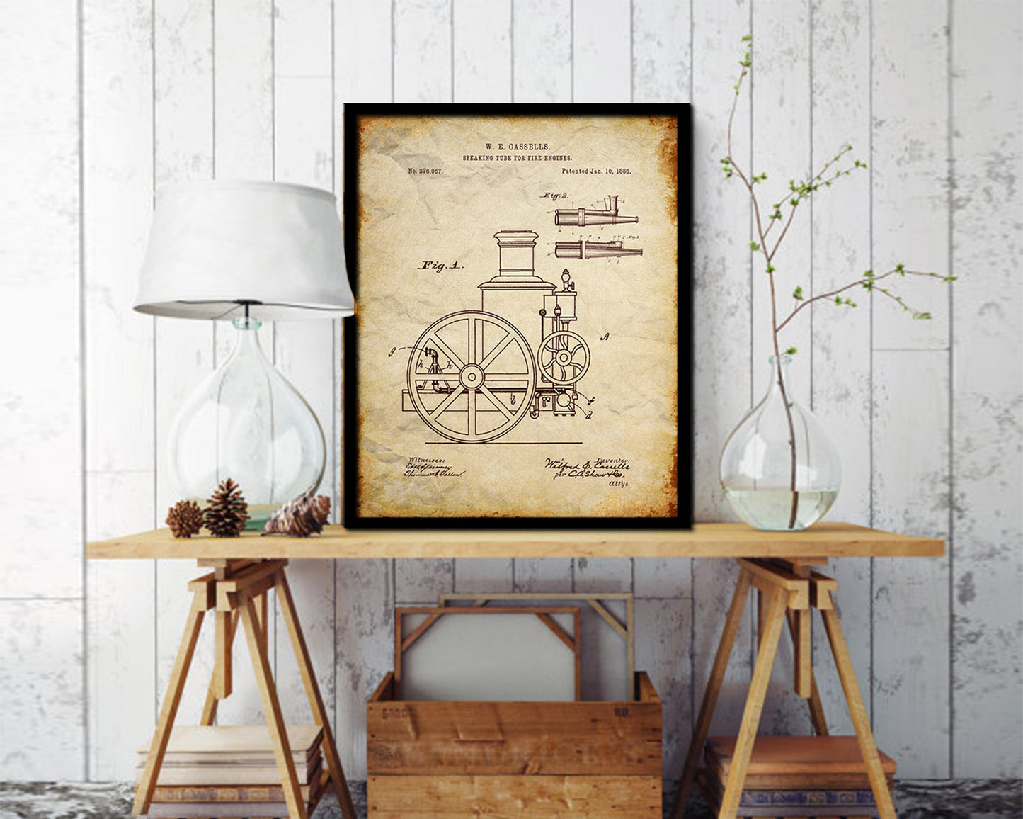 Speaking Tube Engines Firefighter Vintage Patent Artwork Walnut Frame Gifts