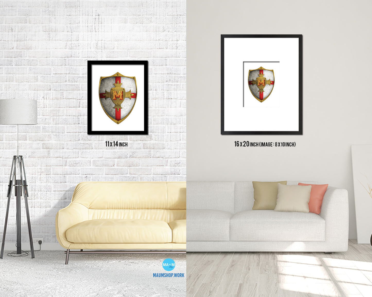 Letter M Medieval Castle Knight Shield Monogram Framed Print Wall Art Decor Gifts