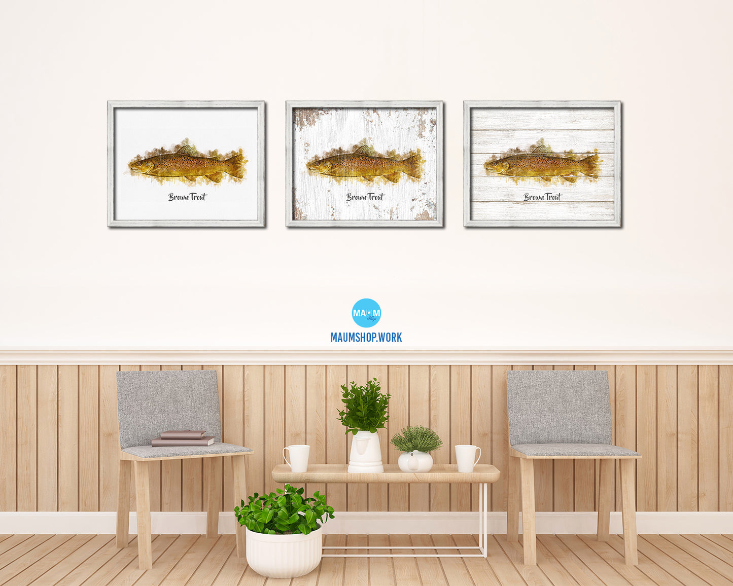 Brown Trout Fish Framed Prints Modern Restaurant Sushi Bar Watercolor Wall Art Decor