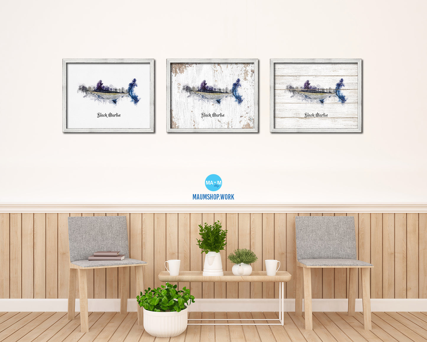 Black Marlin Fish Framed Prints Modern Restaurant Sushi Bar Watercolor Wall Art Decor