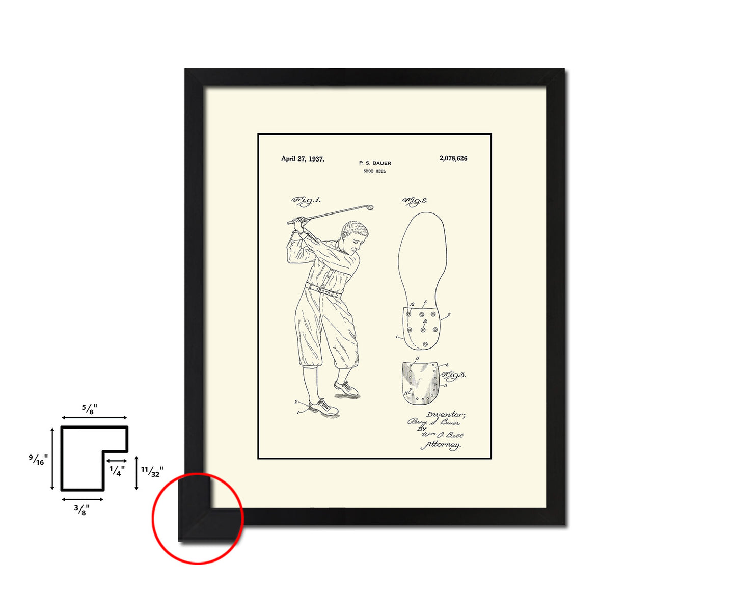 Golf Shoe Heel Sports Vintage Patent Artwork Black Frame Print Gifts