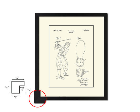 Golf Shoe Heel Sports Vintage Patent Artwork Black Frame Print Gifts