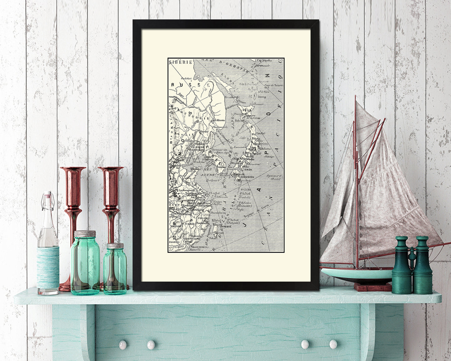 Japan Korea China Old Map Wood Framed Print Art Wall Decor Gifts