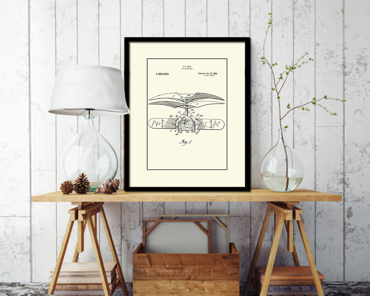 Flying Machine Airplane Vintage Patent Artwork Black Frame Print Wall Art Decor Gifts