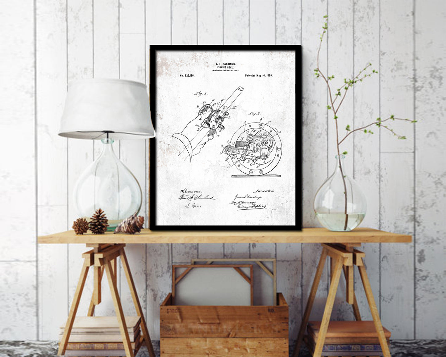 Reel Fishing Vintage Patent Artwork Black Frame Print Wall Art Decor Gifts