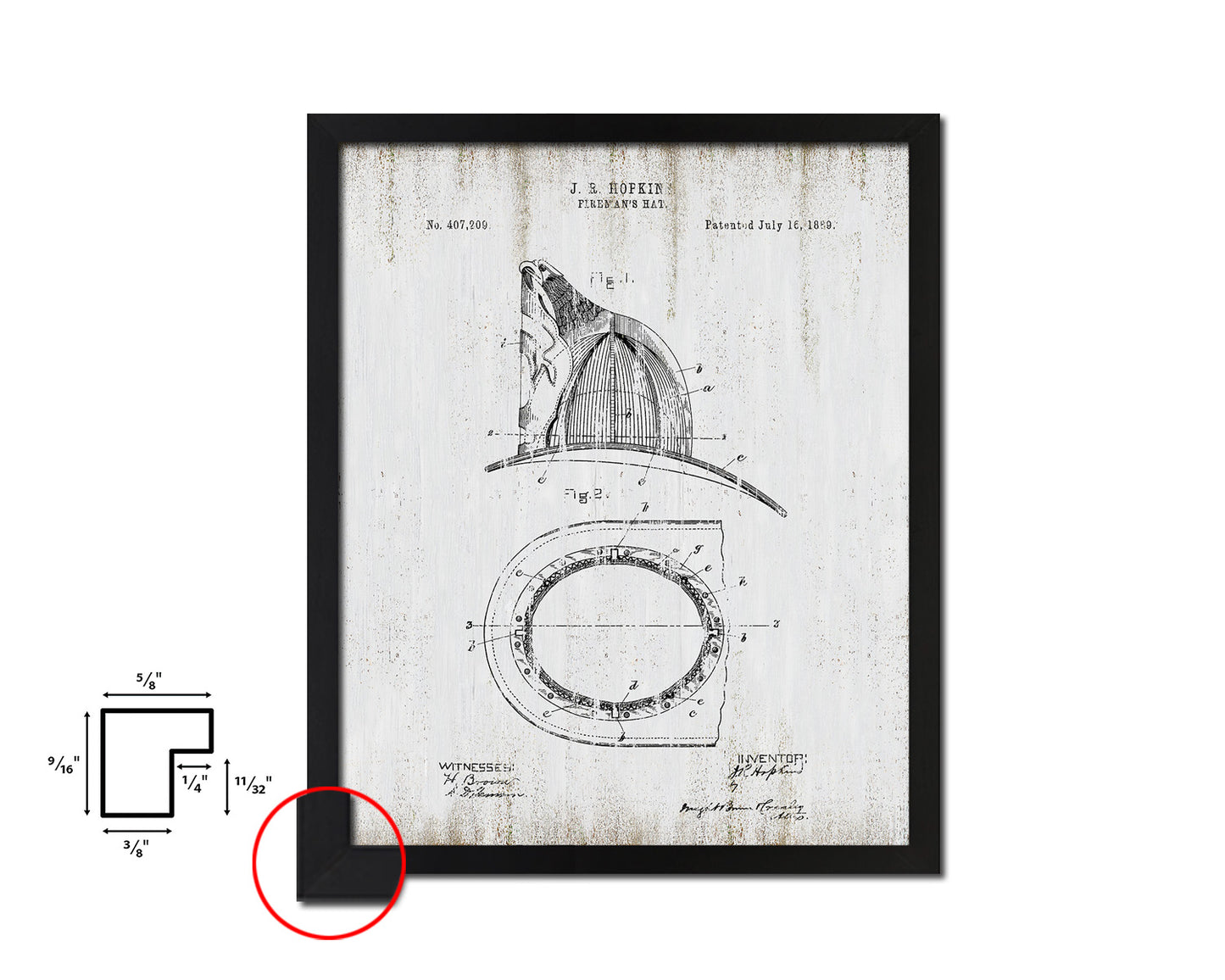 Fireman's Hat1889 Firefighter Vintage Patent Artwork Black Frame Print Gifts